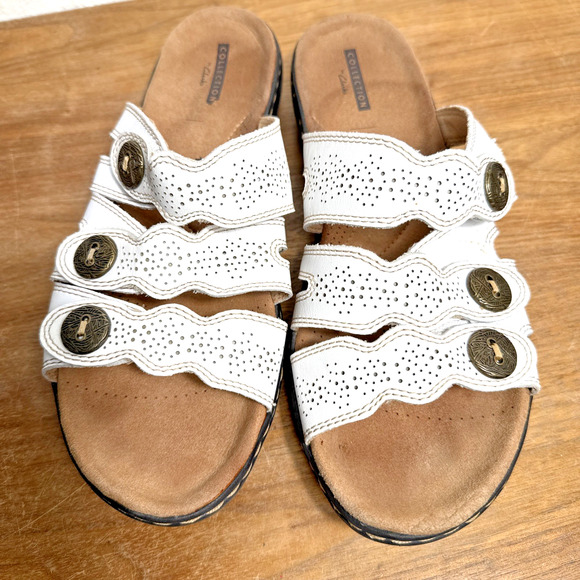 Clarks White Sandals Size 9 Leisa Grace Tri-Strap Hook Loop Open Easy On Shoes - Picture 1 of 11